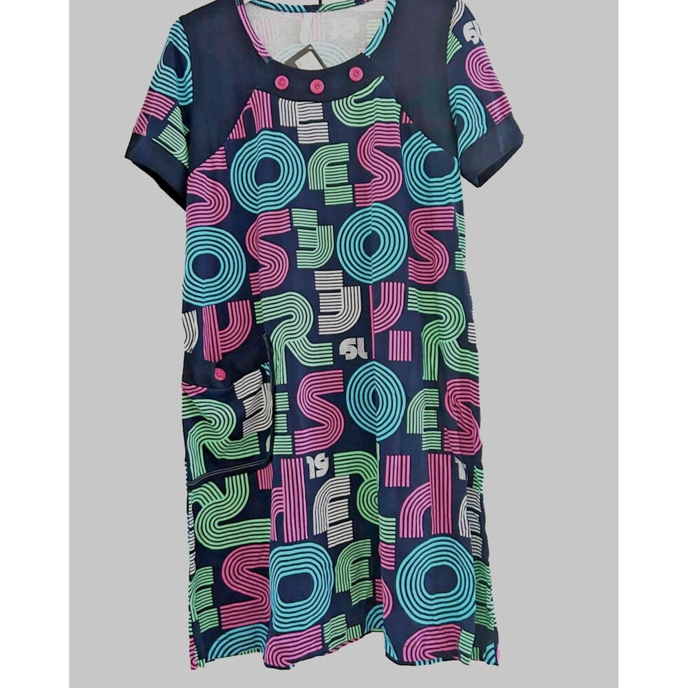 Womens XL Navy Blue Geometric Print Cotton House Dress Short Sleeve Lounge Dress